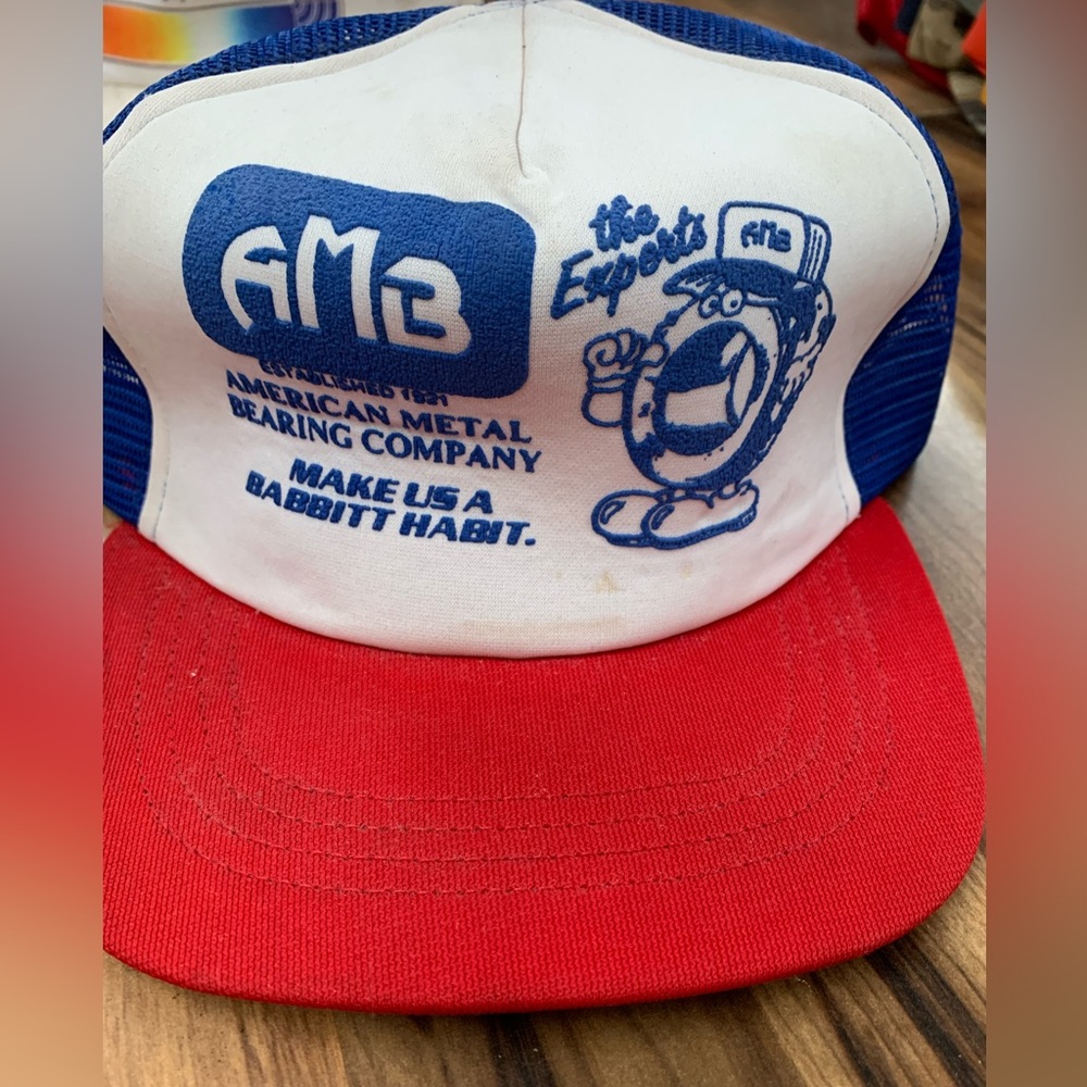 Vintage AMB American Metal Bearing Company SNAPBACK TRUCKER HAT 80’s Mascot Logo